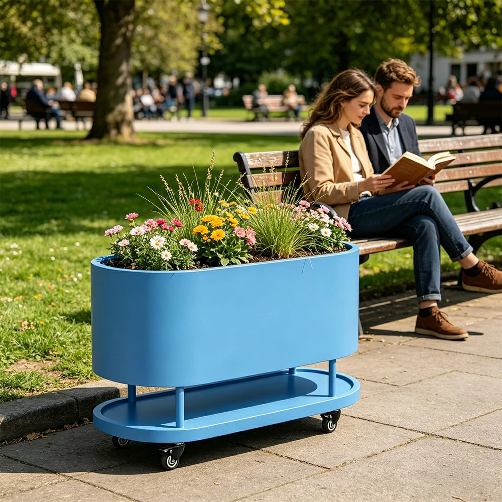 SOLARA Mobile Planter Box with Stainless Steel Frame Leak-Proof Rolling Garden Bed 80/100/120cm for Indoor Outdoor - Blue
