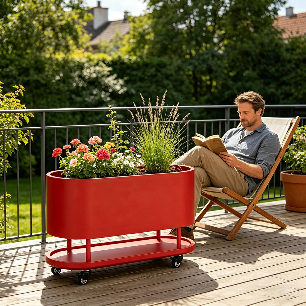 SOLARA Mobile Planter Box with Stainless Steel Frame Leak-Proof Rolling Garden Bed 80/100/120cm for Indoor Outdoor - Red