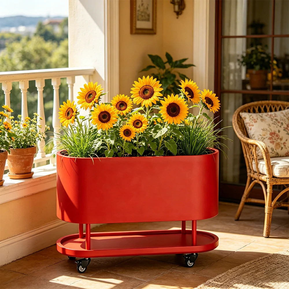 SOLARA Mobile Planter Box with Stainless Steel Frame Leak-Proof Rolling Garden Bed 80/100/120cm for Indoor Outdoor - Red