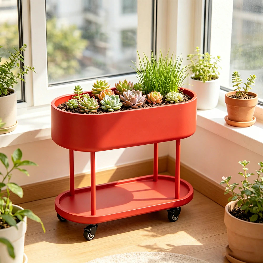 SOLARA Mobile Planter Box with Stainless Steel Frame Leak-Proof Rolling Garden Bed 80/100/120cm for Indoor Outdoor - Red