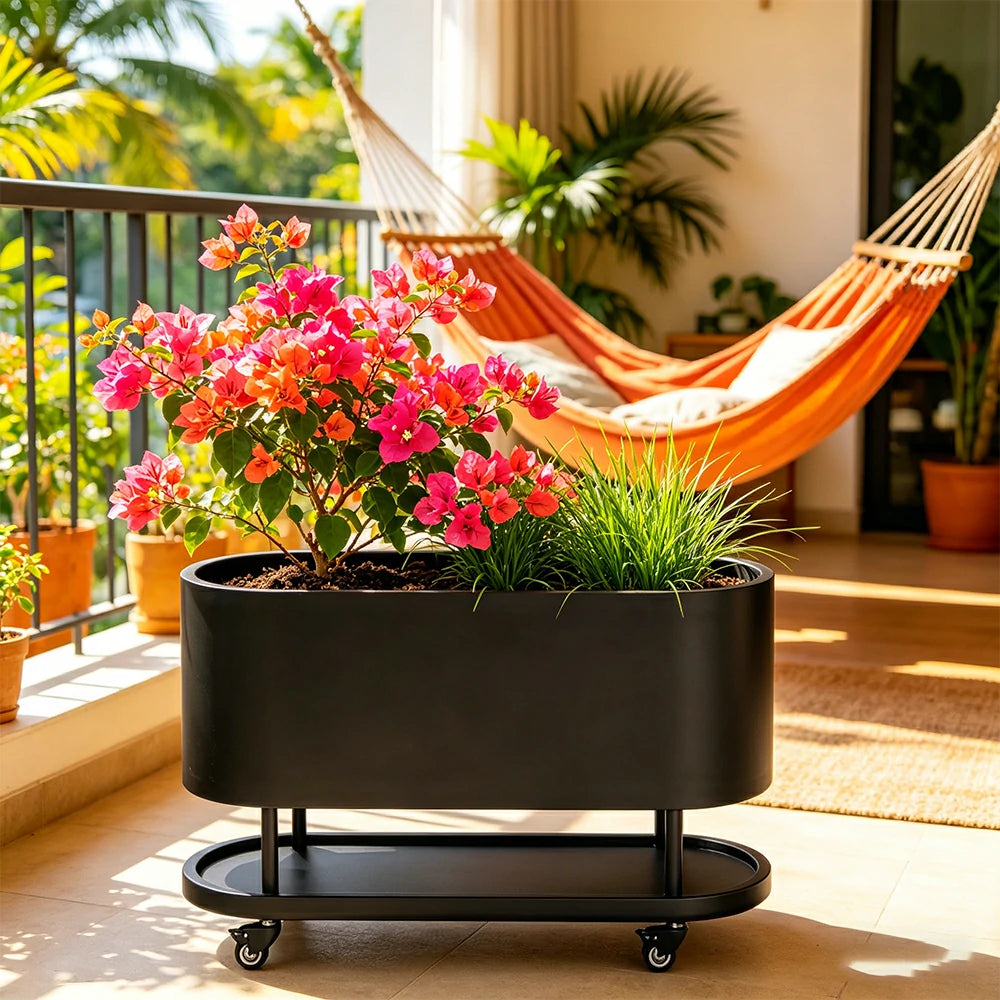 SOLARA Mobile Planter Box with Stainless Steel Frame Leak-Proof Rolling Garden Bed 80/100/120cm for Indoor Outdoor - Black