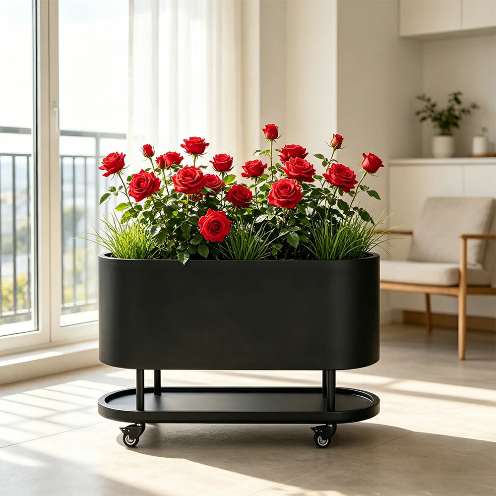 SOLARA Mobile Planter Box with Stainless Steel Frame Leak-Proof Rolling Garden Bed 80/100/120cm for Indoor Outdoor - Black