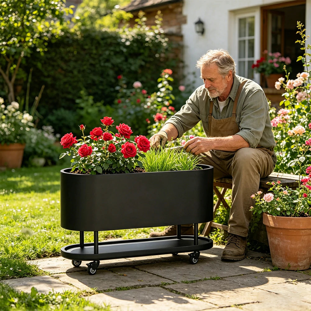 SOLARA Mobile Planter Box with Stainless Steel Frame Leak-Proof Rolling Garden Bed 80/100/120cm for Indoor Outdoor - Black