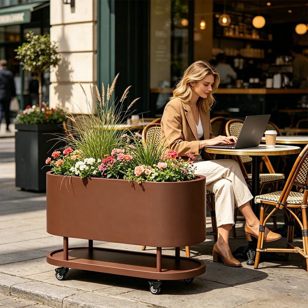 SOLARA Mobile Planter Box with Stainless Steel Frame Leak-Proof Rolling Garden Bed 80/100/120cm for Indoor Outdoor - Brown