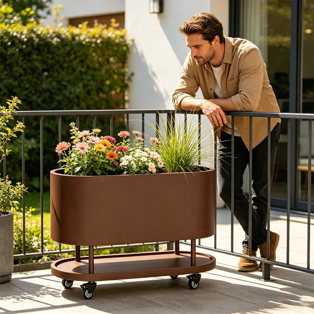 SOLARA Mobile Planter Box with Stainless Steel Frame Leak-Proof Rolling Garden Bed 80/100/120cm for Indoor Outdoor - Brown