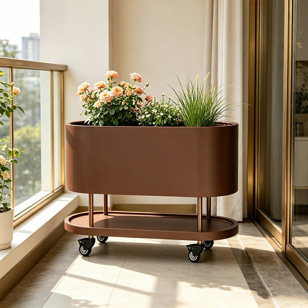 SOLARA Mobile Planter Box with Stainless Steel Frame Leak-Proof Rolling Garden Bed 80/100/120cm for Indoor Outdoor - Brown