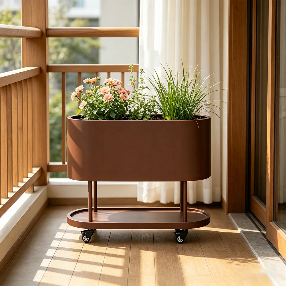 SOLARA Mobile Planter Box with Stainless Steel Frame Leak-Proof Rolling Garden Bed 80/100/120cm for Indoor Outdoor - Brown