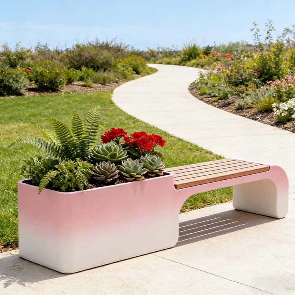 SOLARA 120/150/180cm Outdoor Planter Bench Set Metal Planter Box with Solid Wood Seat for Balcony Patio Commercial Space - Red&White