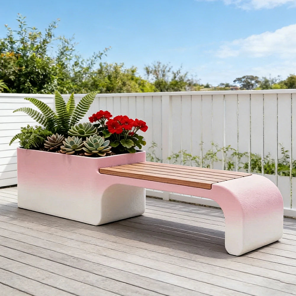 SOLARA 120/150/180cm Outdoor Planter Bench Set Metal Planter Box with Solid Wood Seat for Balcony Patio Commercial Space - Red&White