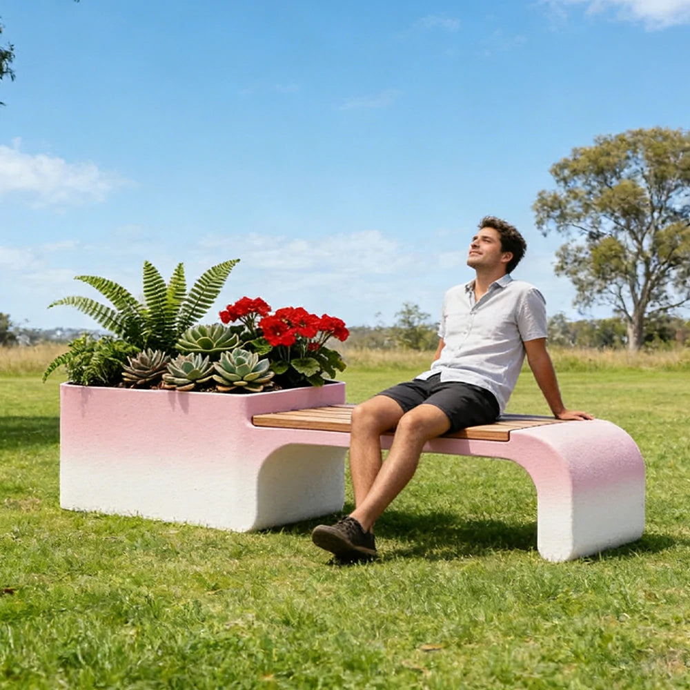 SOLARA 120/150/180cm Outdoor Planter Bench Set Metal Planter Box with Solid Wood Seat for Balcony Patio Commercial Space - Red&White