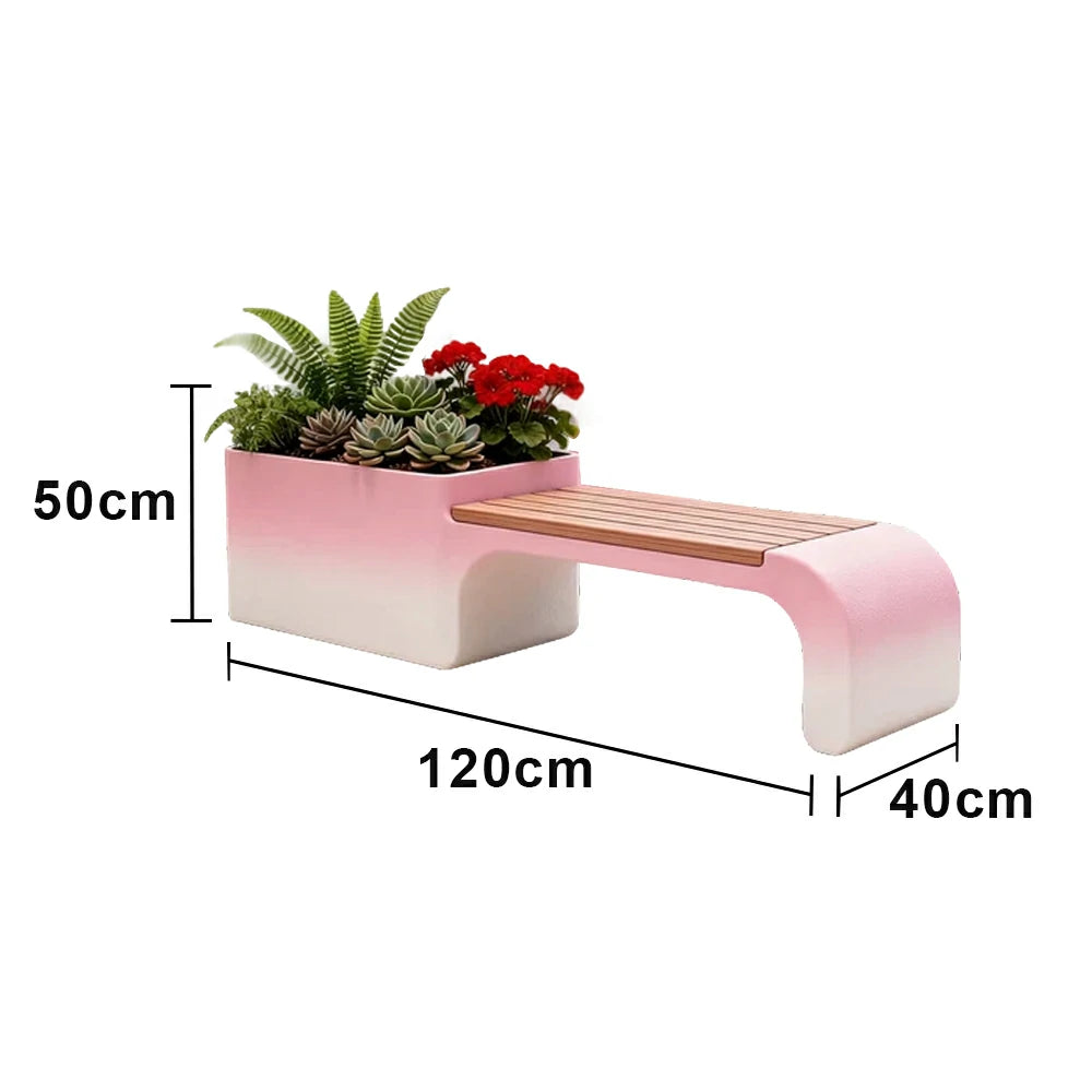SOLARA 120/150/180cm Outdoor Planter Bench Set Metal Planter Box with Solid Wood Seat for Balcony Patio Commercial Space - Red&White