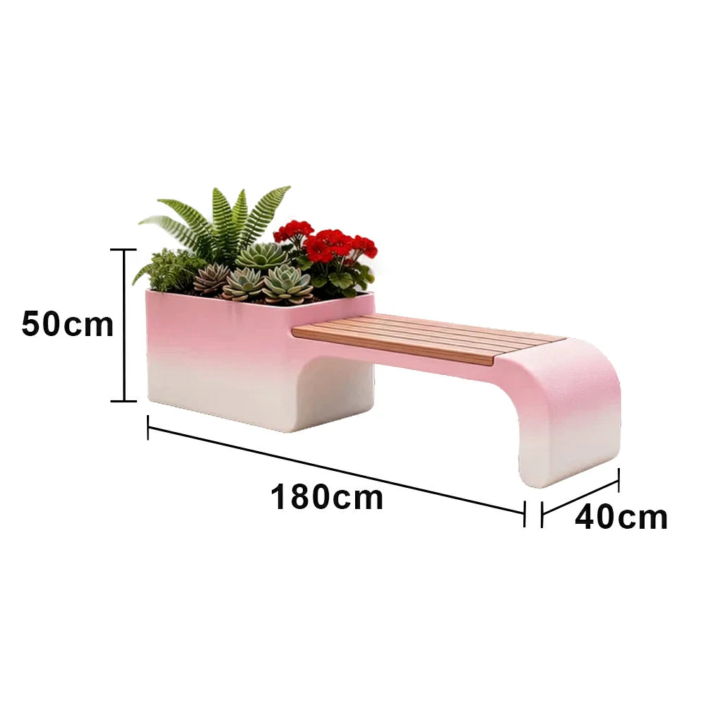SOLARA 120/150/180cm Outdoor Planter Bench Set Metal Planter Box with Solid Wood Seat for Balcony Patio Commercial Space - Red&White