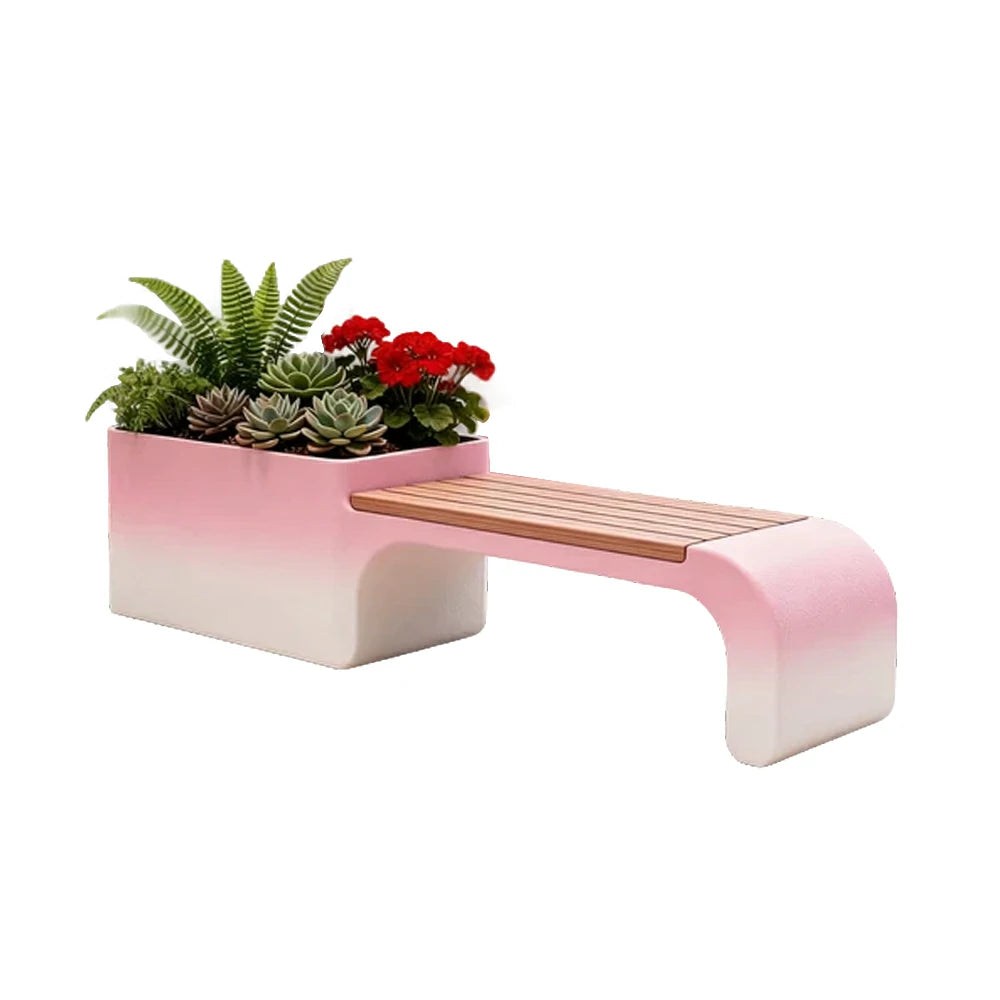 SOLARA 120/150/180cm Outdoor Planter Bench Set Metal Planter Box with Solid Wood Seat for Balcony Patio Commercial Space - Red&White
