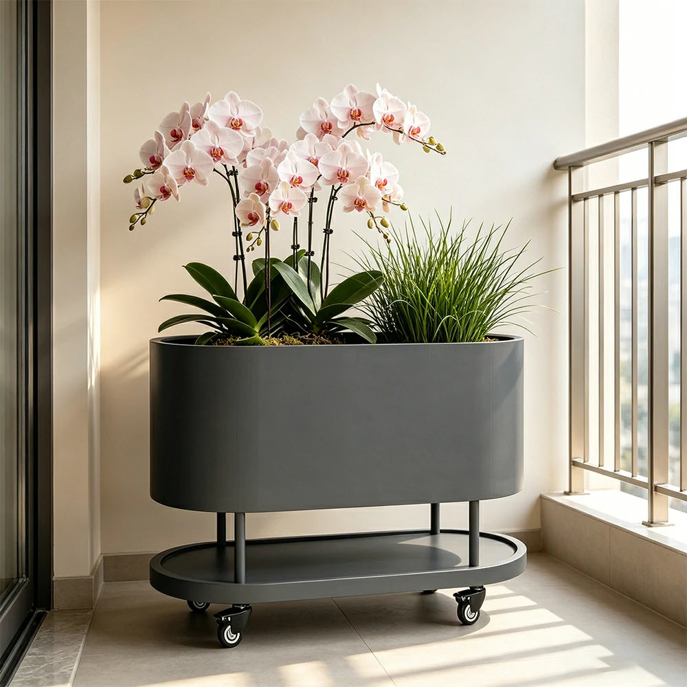 SOLARA Mobile Planter Box with Stainless Steel Frame Leak-Proof Rolling Garden Bed 80/100/120cm for Indoor Outdoor - Grey