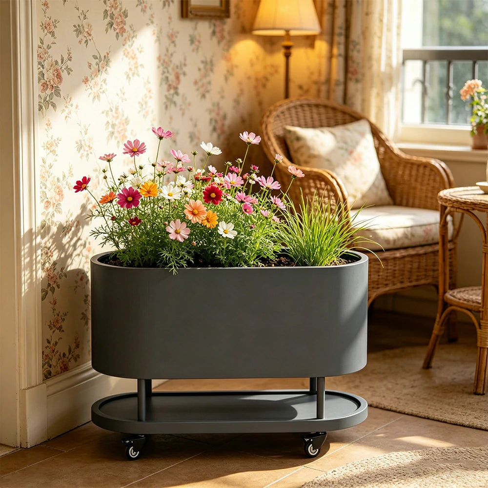 SOLARA Mobile Planter Box with Stainless Steel Frame Leak-Proof Rolling Garden Bed 80/100/120cm for Indoor Outdoor - Grey
