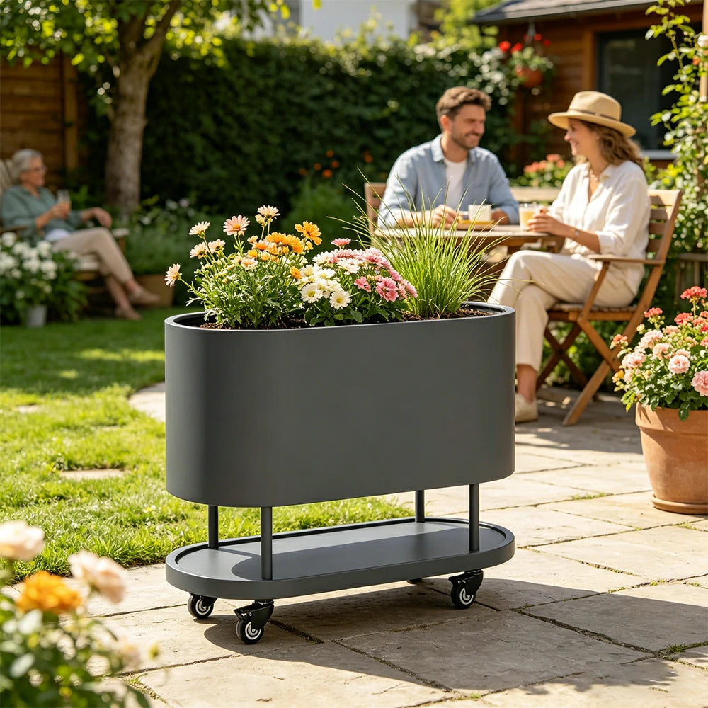SOLARA Mobile Planter Box with Stainless Steel Frame Leak-Proof Rolling Garden Bed 80/100/120cm for Indoor Outdoor - Grey