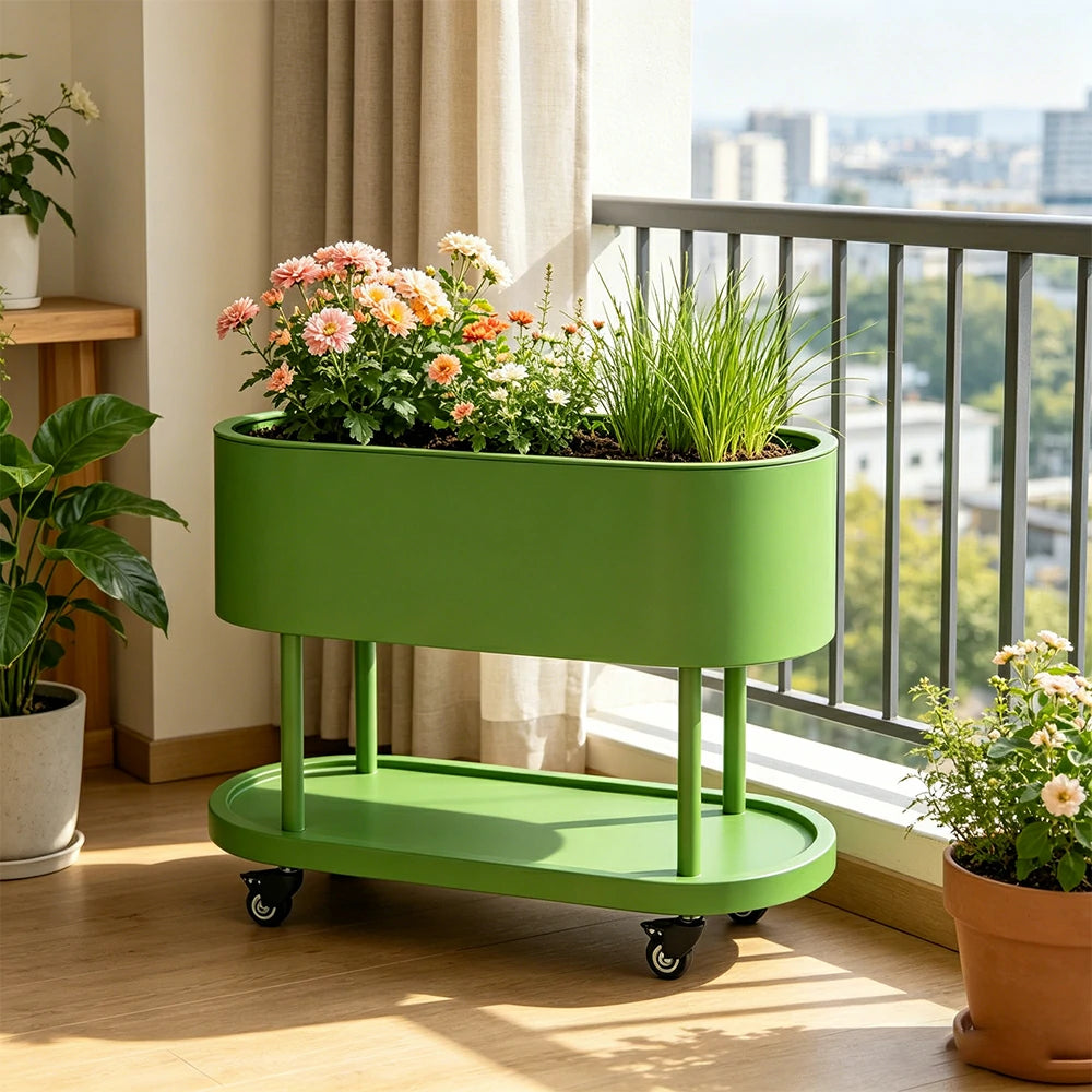 SOLARA Mobile Planter Box with Stainless Steel Frame Leak-Proof Rolling Garden Bed 80/100/120cm for Indoor Outdoor - Green