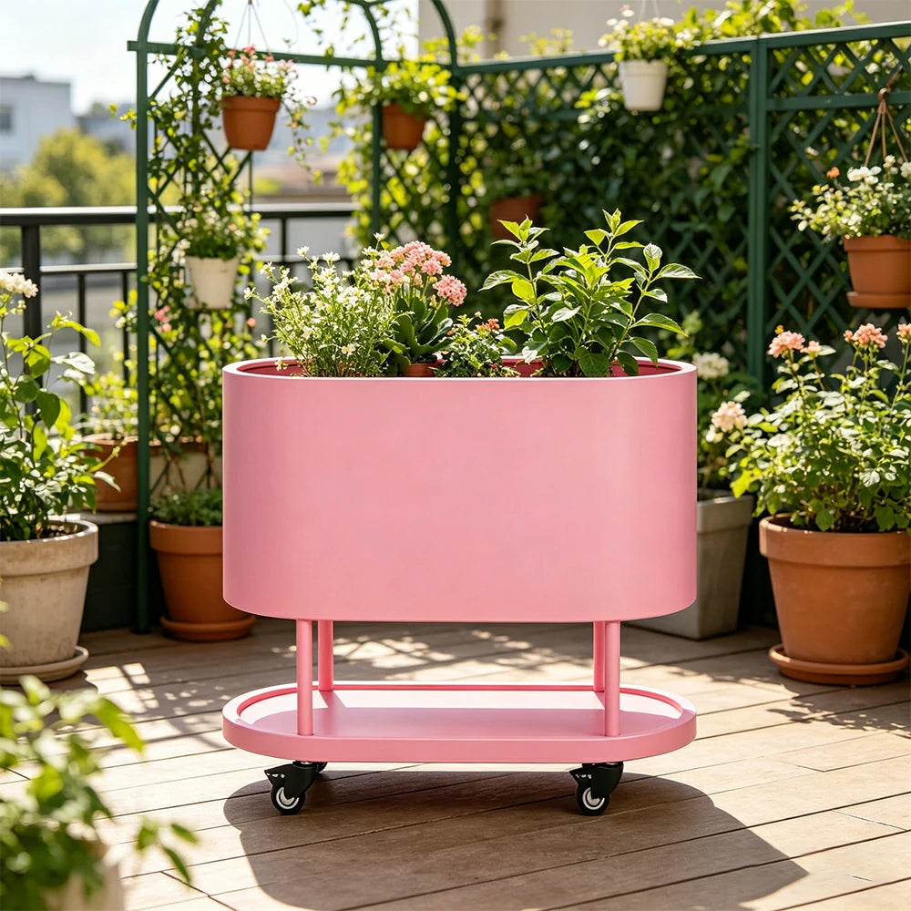 SOLARA Mobile Planter Box with Stainless Steel Frame Leak-Proof Rolling Garden Bed 80/100/120cm for Indoor Outdoor - Pink