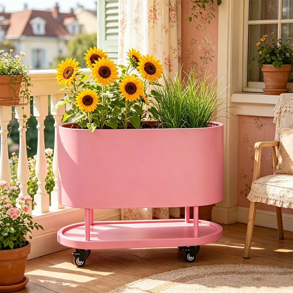SOLARA Mobile Planter Box with Stainless Steel Frame Leak-Proof Rolling Garden Bed 80/100/120cm for Indoor Outdoor - Pink