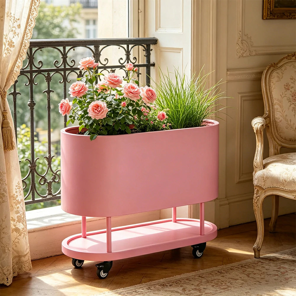 SOLARA Mobile Planter Box with Stainless Steel Frame Leak-Proof Rolling Garden Bed 80/100/120cm for Indoor Outdoor - Pink