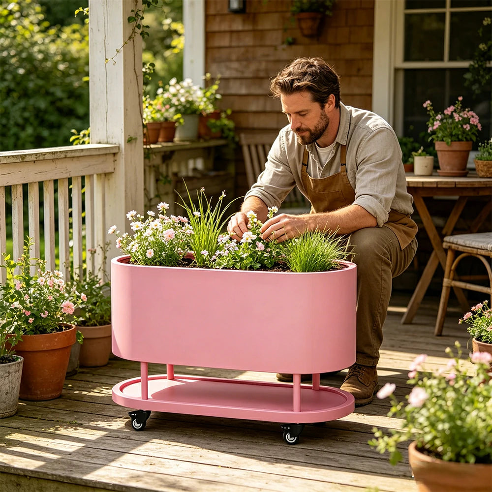 SOLARA Mobile Planter Box with Stainless Steel Frame Leak-Proof Rolling Garden Bed 80/100/120cm for Indoor Outdoor - Pink