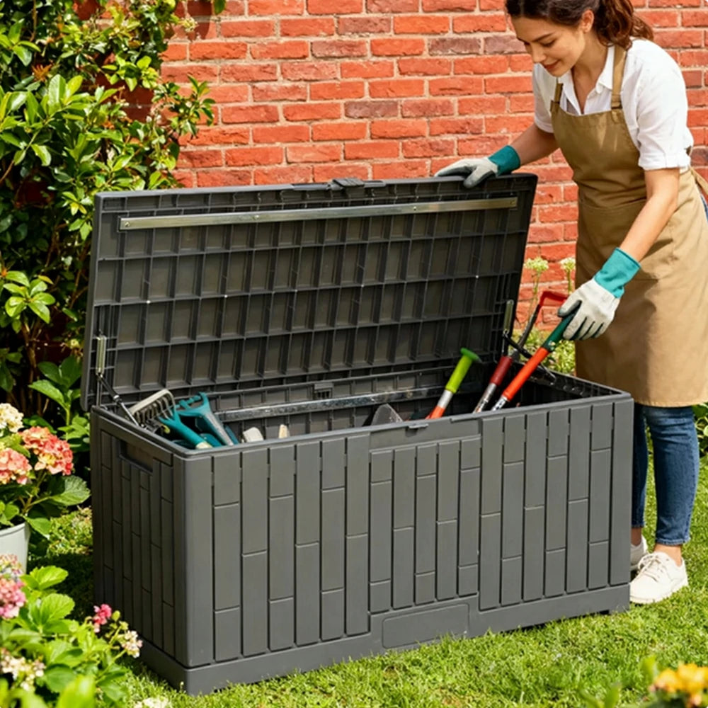 SOLARA Outdoor Storage Box - Waterproof UV Resistant Hydraulic Lid Garden Patio Cushion Tool Storage - Dark Grey