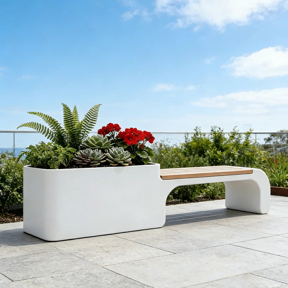 SOLARA 120/150/180cm Outdoor Planter Bench Set Metal Planter Box with Solid Wood Seat for Balcony Patio Commercial Space - White