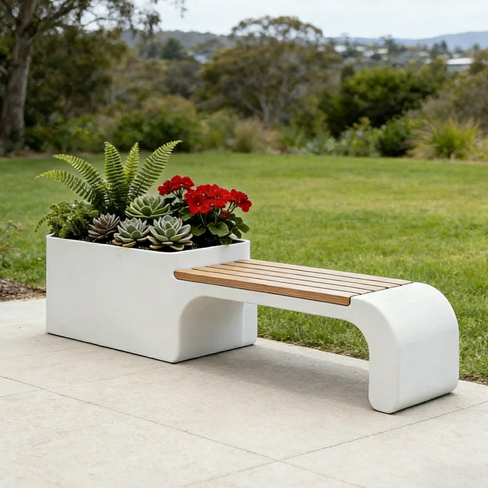 SOLARA 120/150/180cm Outdoor Planter Bench Set Metal Planter Box with Solid Wood Seat for Balcony Patio Commercial Space - White