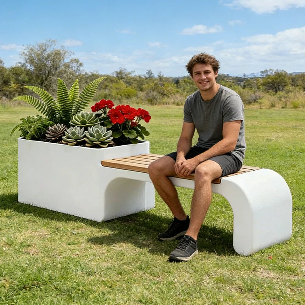 SOLARA 120/150/180cm Outdoor Planter Bench Set Metal Planter Box with Solid Wood Seat for Balcony Patio Commercial Space - White