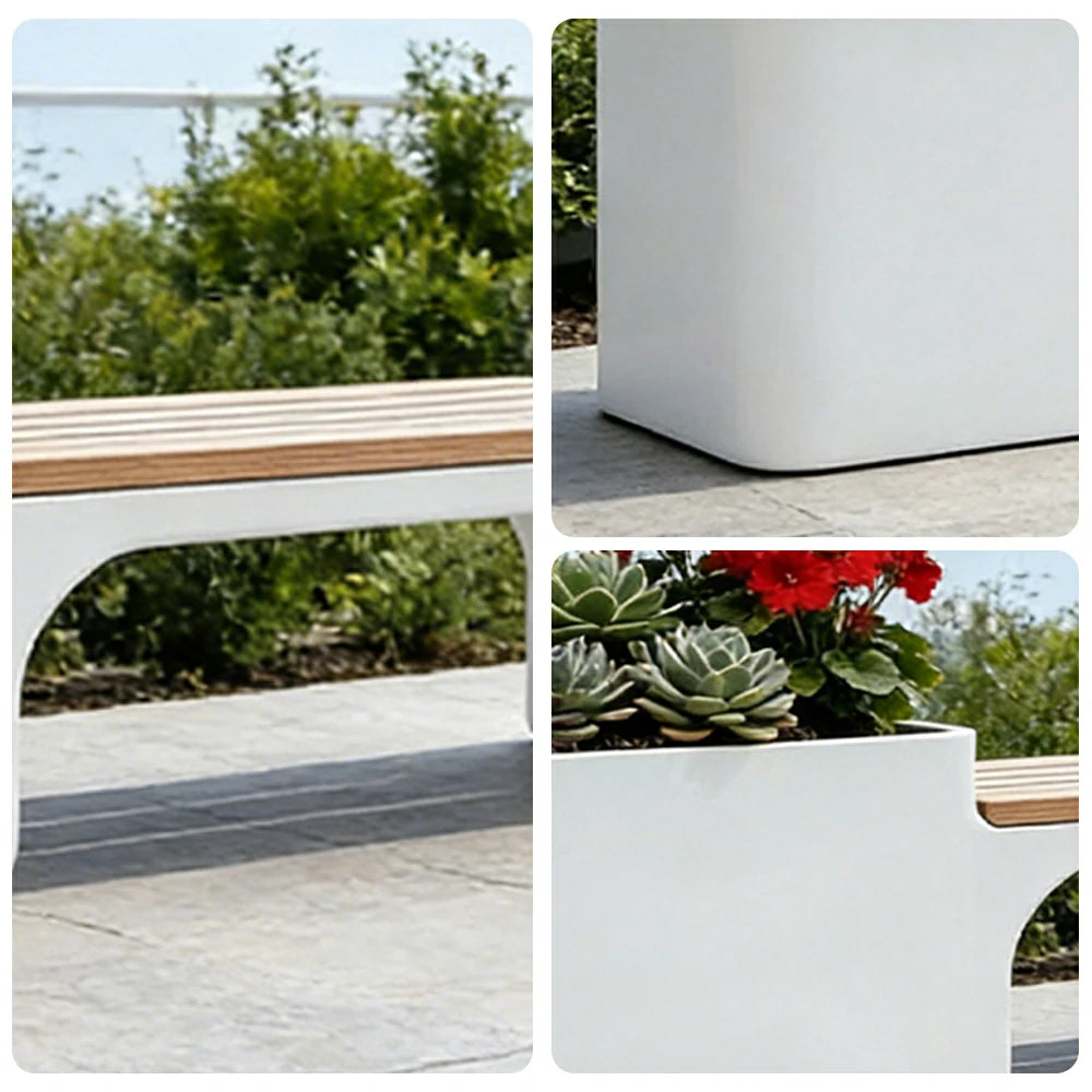 SOLARA 120/150/180cm Outdoor Planter Bench Set Metal Planter Box with Solid Wood Seat for Balcony Patio Commercial Space - White