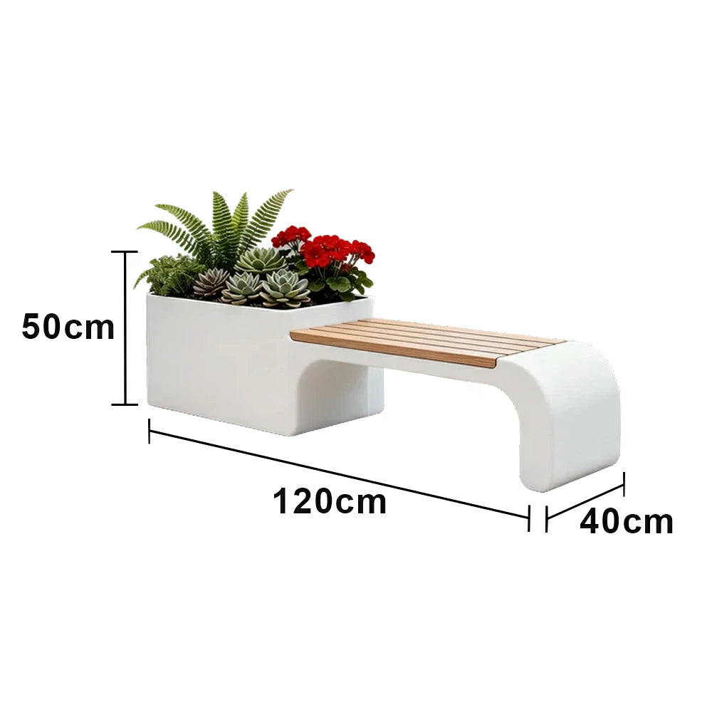 SOLARA 120/150/180cm Outdoor Planter Bench Set Metal Planter Box with Solid Wood Seat for Balcony Patio Commercial Space - White