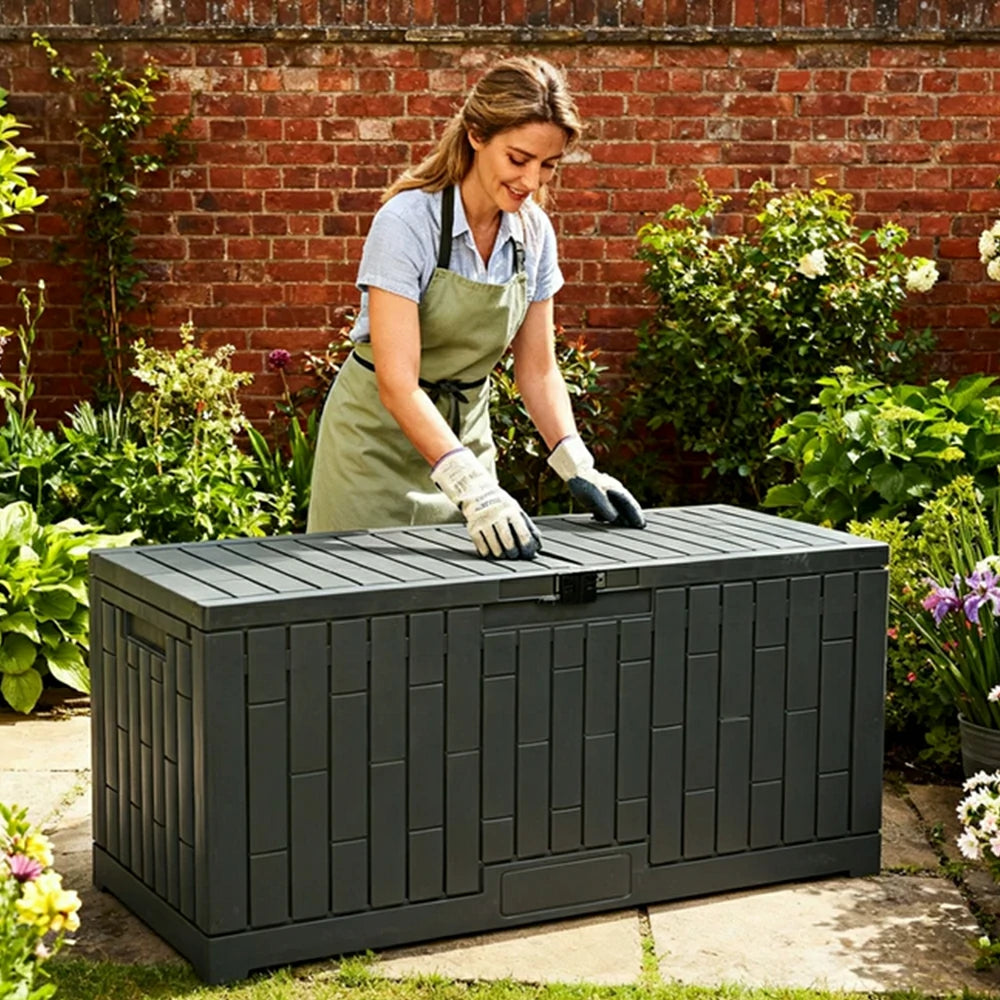 SOLARA Outdoor Storage Box - Waterproof UV Resistant Hydraulic Lid Large Capacity for Garden Patio - Dark Grey