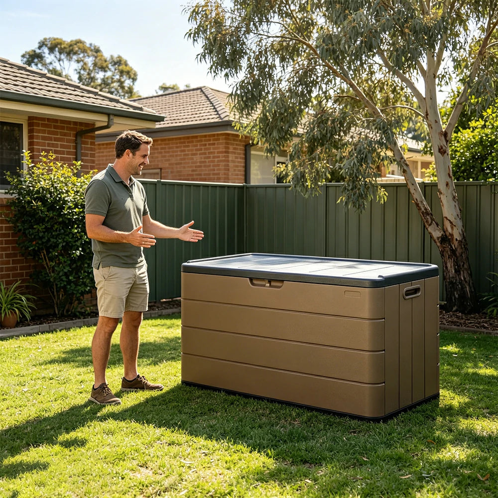 SOLARA Outdoor Storage Cabinet - Weatherproof UV Resistant Lockable Garden Patio Storage Box - Brown