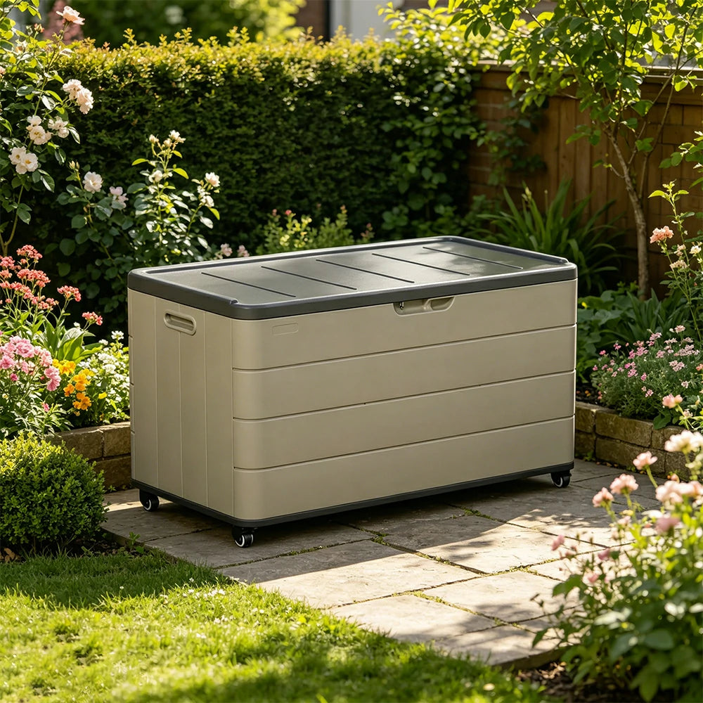 SOLARA Outdoor Storage Cabinet - Weatherproof Lockable Garden Patio Storage Box with Wheels - Brown