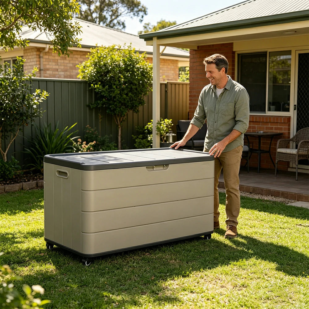 SOLARA Outdoor Storage Cabinet - Weatherproof Lockable Garden Patio Storage Box with Wheels - Brown