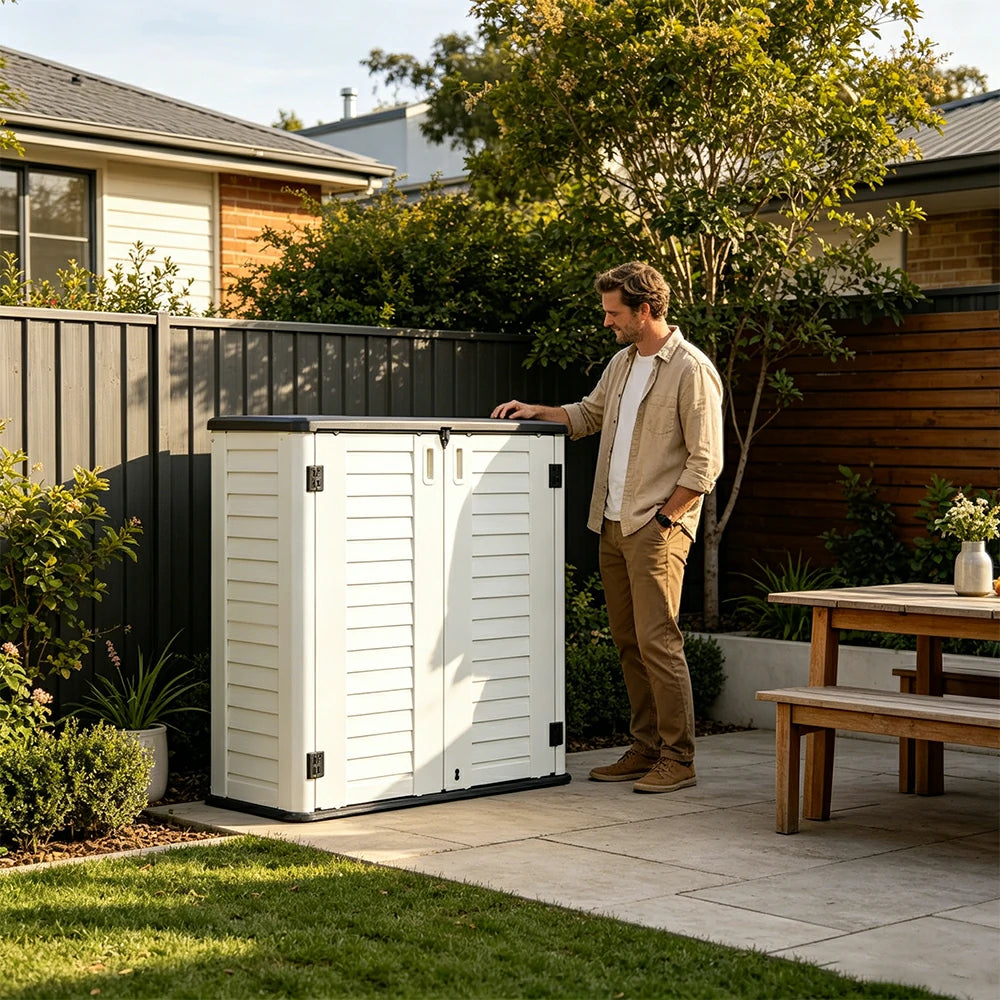 SOLARA Outdoor Storage Cabinet - Weatherproof Lockable Single Tier Garden Patio Tool Storage - White