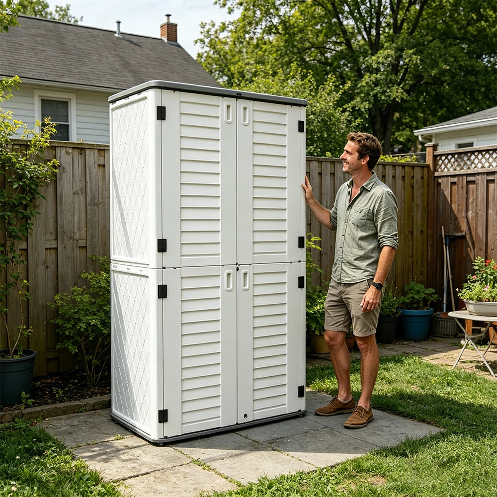SOLARA Outdoor Storage Cabinet - Weatherproof Lockable Tall Garden Patio Tool Storage - White