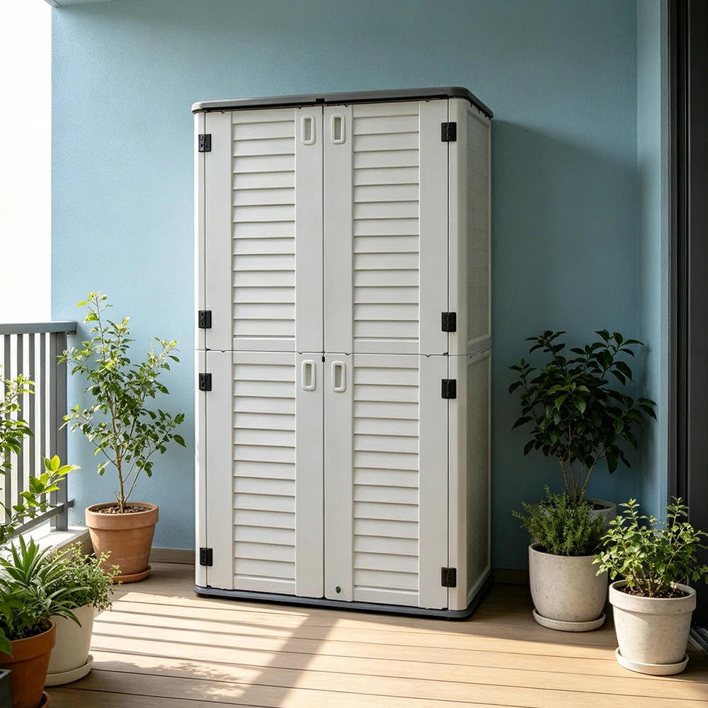 SOLARA Outdoor Storage Cabinet - Weatherproof Lockable Tall Garden Patio Tool Storage - White