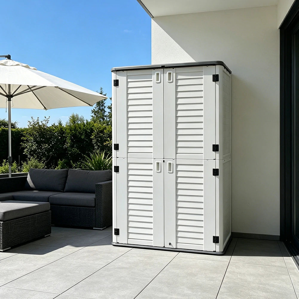 SOLARA Outdoor Storage Cabinet - Weatherproof Lockable Tall Garden Patio Tool Storage - White