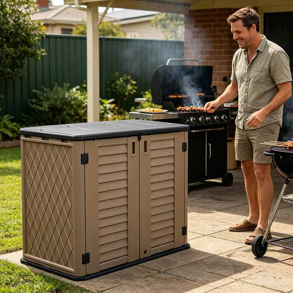 SOLARA Outdoor Storage Cabinet - Weatherproof Lockable Single Tier Garden Patio Tool Storage - Brown