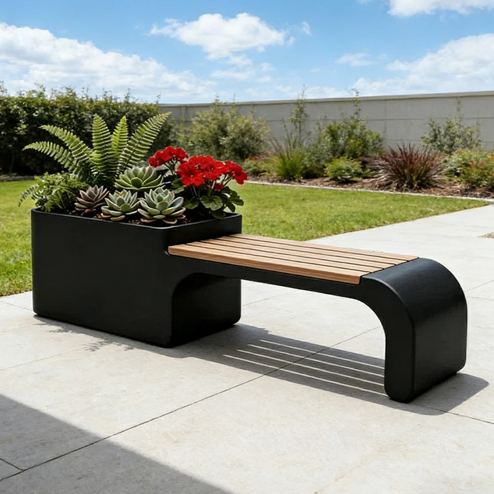 SOLARA 120/150/180cm Outdoor Planter Bench Set Metal Planter Box with Solid Wood Seat for Balcony Patio Commercial Space - Black
