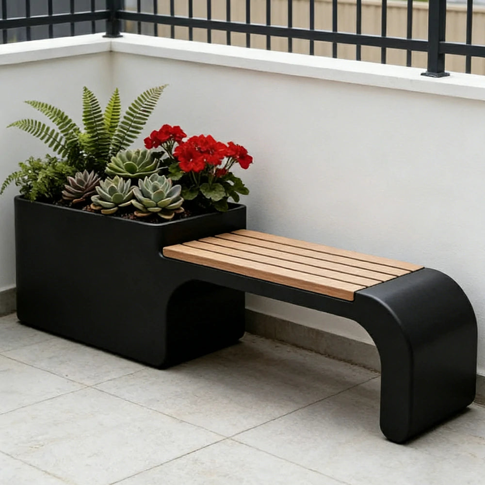 SOLARA 120/150/180cm Outdoor Planter Bench Set Metal Planter Box with Solid Wood Seat for Balcony Patio Commercial Space - Black