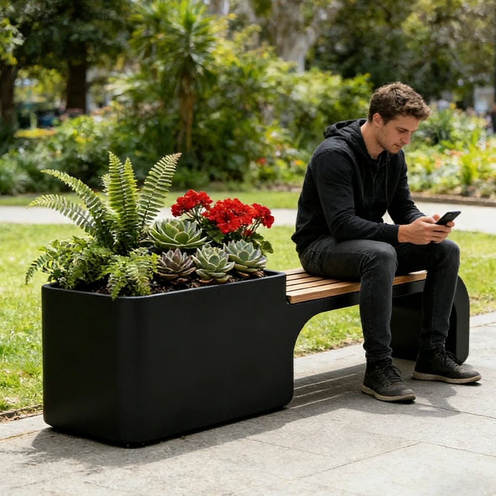 SOLARA 120/150/180cm Outdoor Planter Bench Set Metal Planter Box with Solid Wood Seat for Balcony Patio Commercial Space - Black