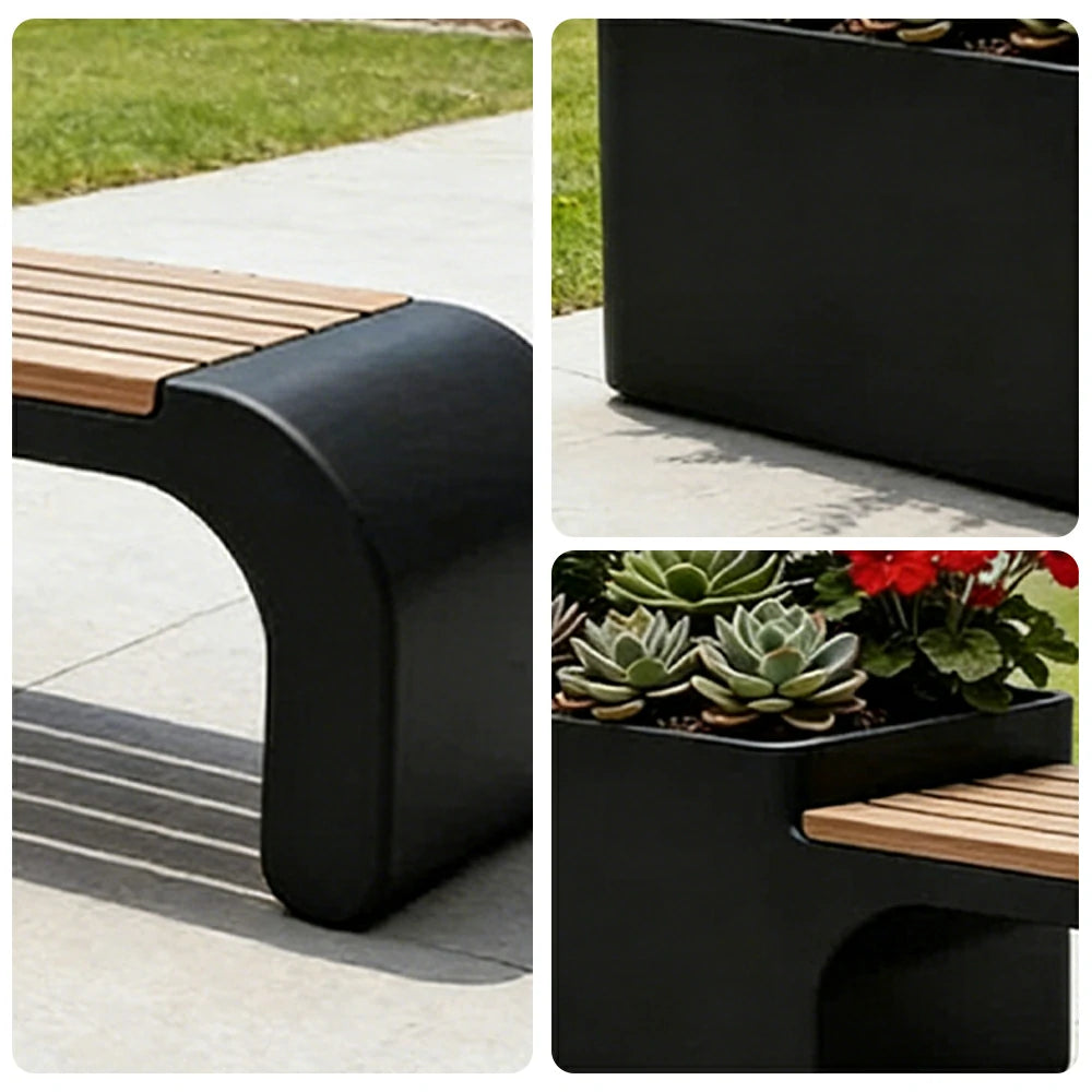 SOLARA 120/150/180cm Outdoor Planter Bench Set Metal Planter Box with Solid Wood Seat for Balcony Patio Commercial Space - Black