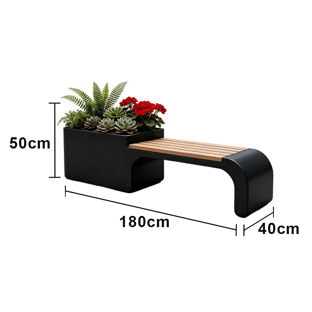 SOLARA 120/150/180cm Outdoor Planter Bench Set Metal Planter Box with Solid Wood Seat for Balcony Patio Commercial Space - Black