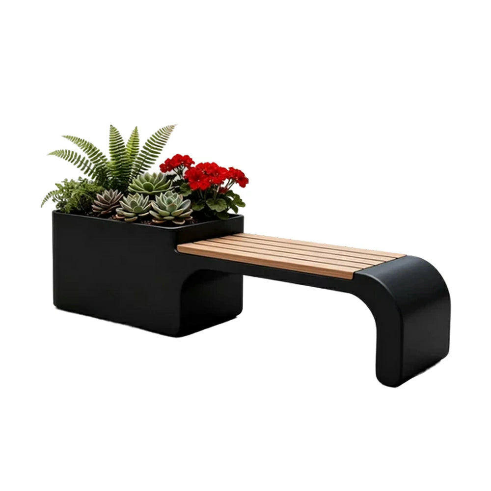 SOLARA 120/150/180cm Outdoor Planter Bench Set Metal Planter Box with Solid Wood Seat for Balcony Patio Commercial Space - Black