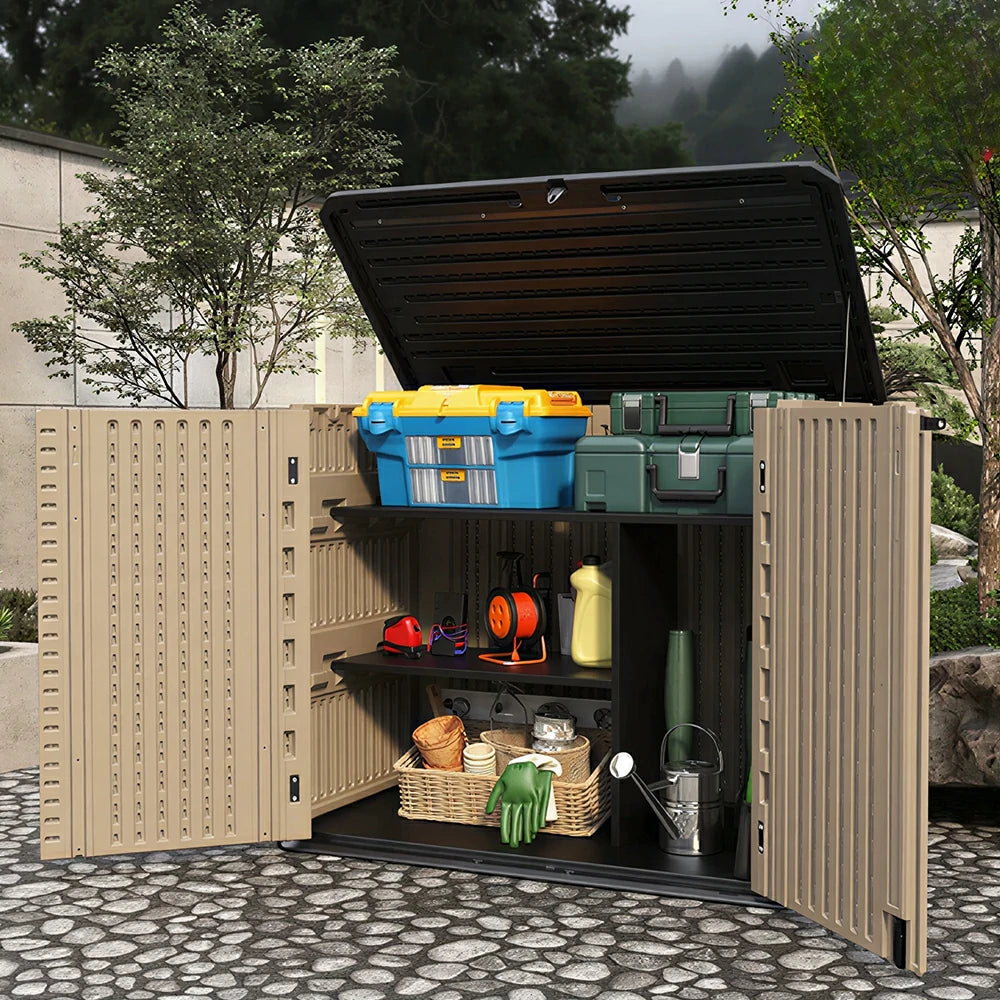 SOLARA Outdoor Storage Cabinet - Weatherproof Lockable Single Tier Garden Patio Shelf Storage - Brown