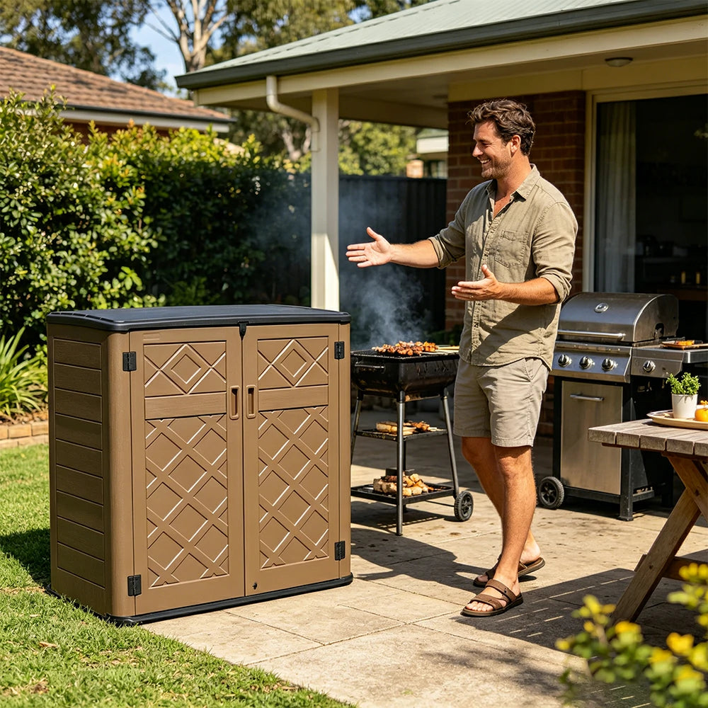SOLARA Outdoor Storage Cabinet - Weatherproof Lockable Large Garden Patio Tool Storage - Brown