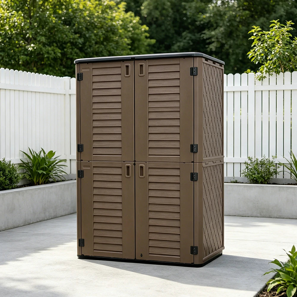 SOLARA Outdoor Storage Cabinet - Weatherproof Lockable Tall Garden Patio Tool Storage - Brown