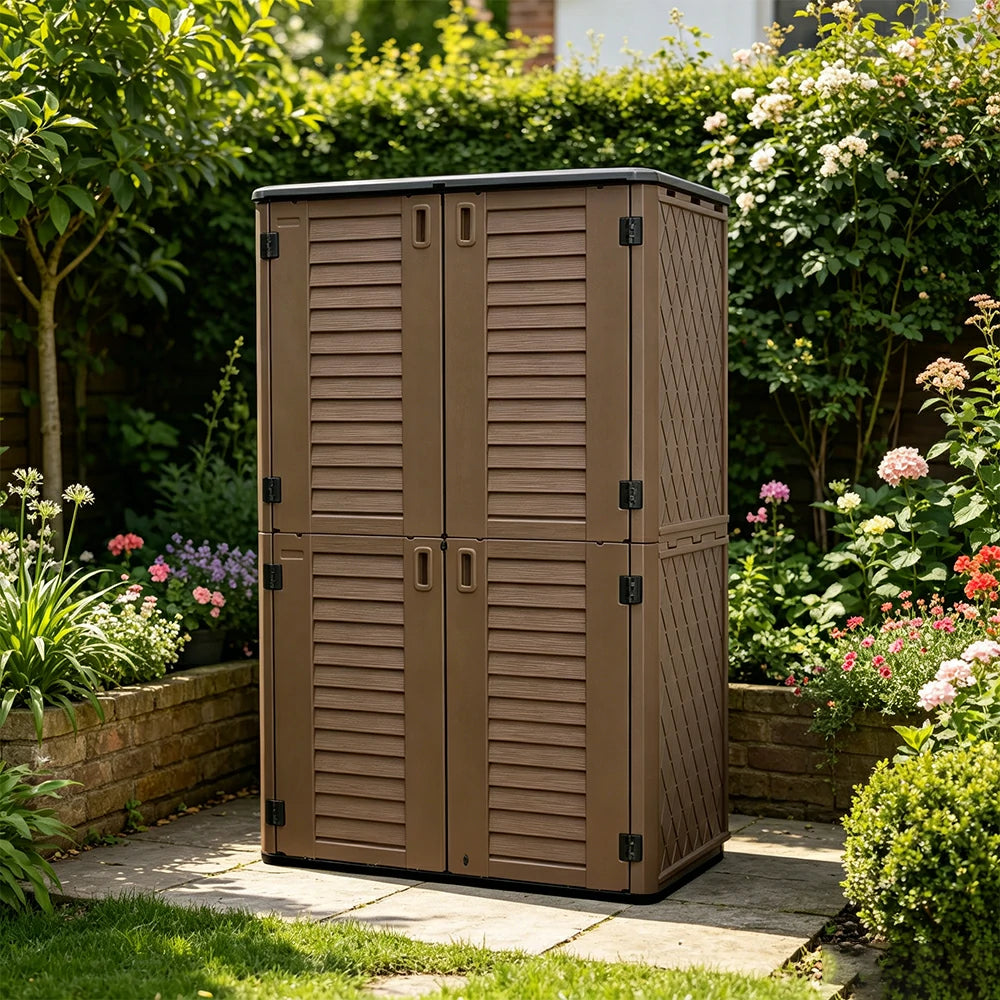 SOLARA Outdoor Storage Cabinet - Weatherproof Lockable Tall Garden Patio Tool Storage - Brown
